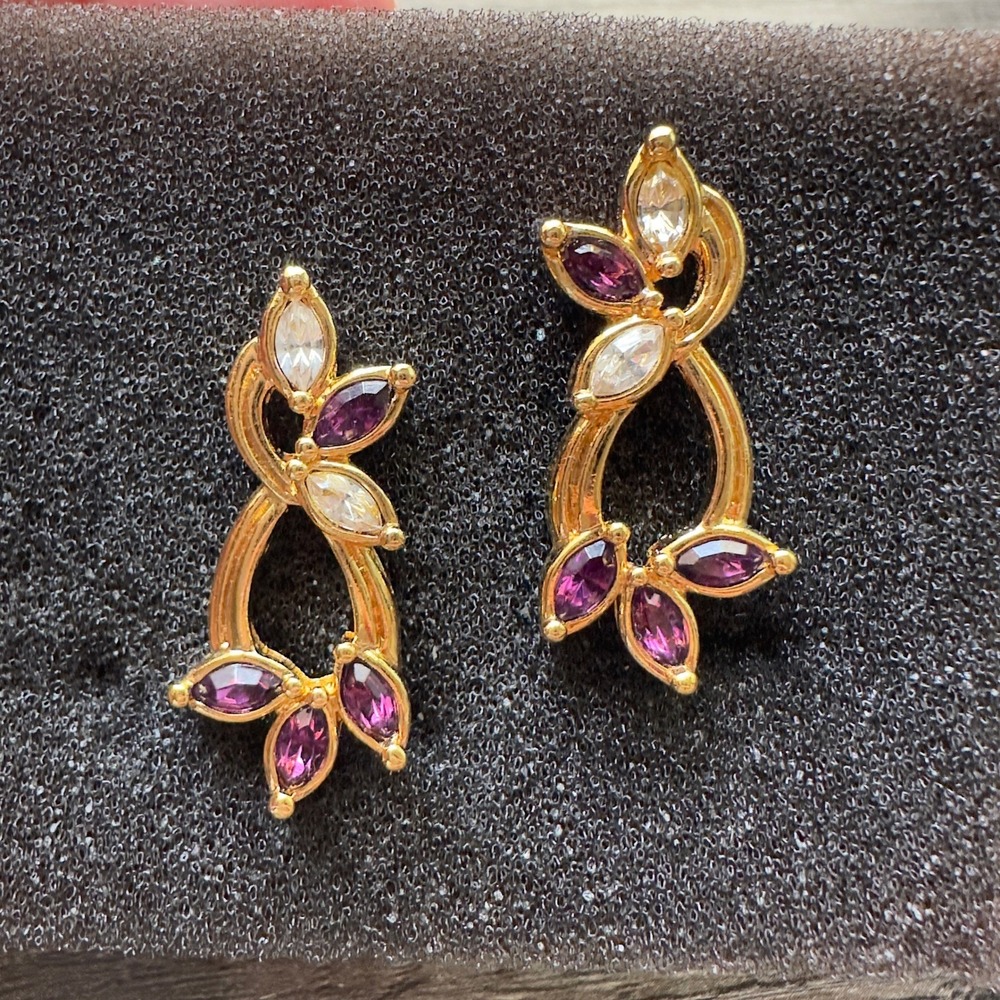 Avon 90s Marquis Sparkle Pierced Earrings Purple Clear Rhinestone Gold Tone